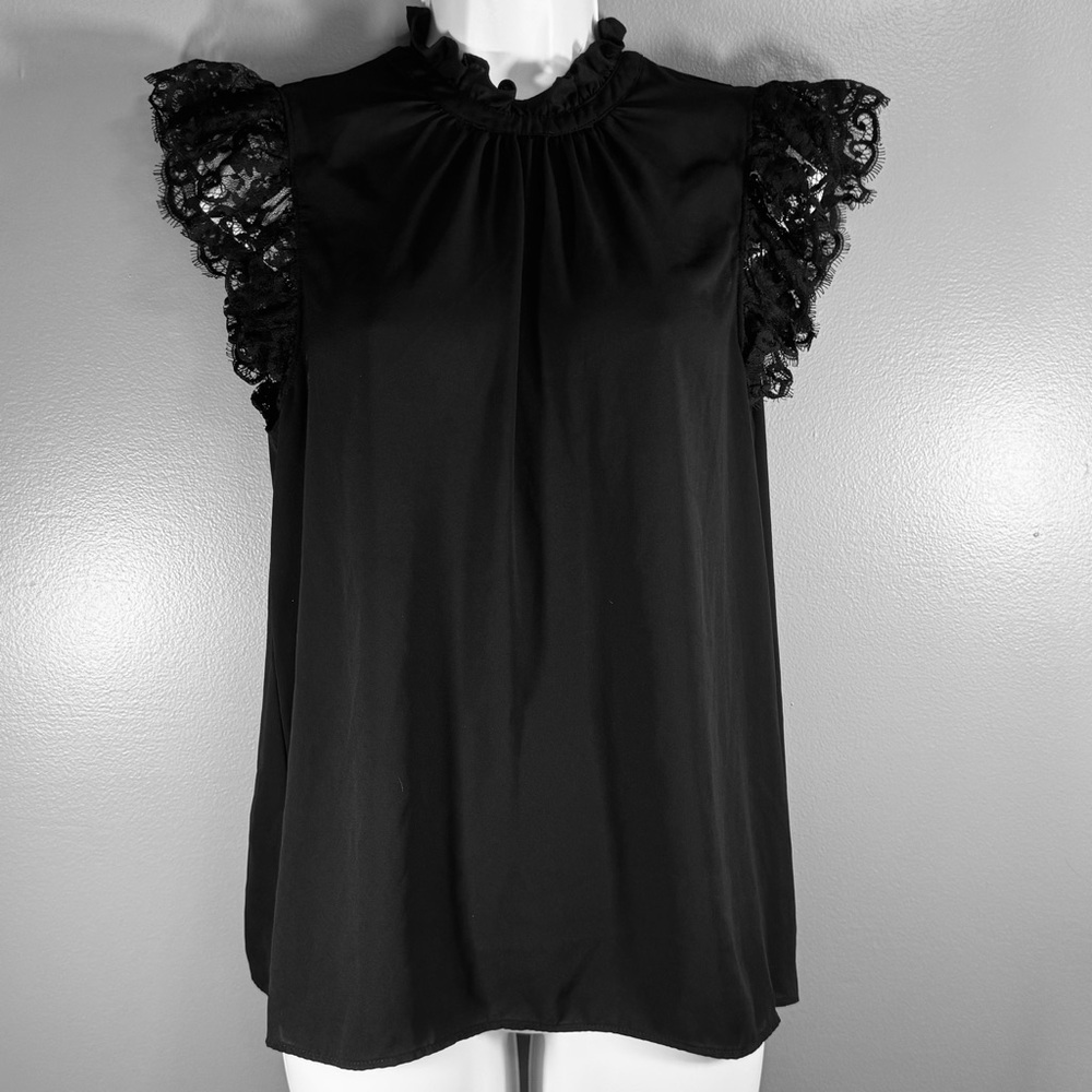 Express Black Lace Sleeve Blouse Ruffle Neck Sleeveless Top Size M Elegant Chic - Picture 3 of 11